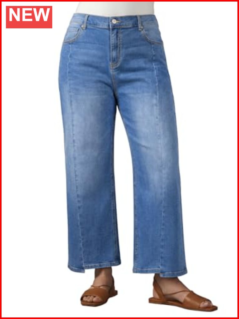 Plus Size Wide Leg Jeans High Waist Front Seam Stretchy Ankle Denim Pants With